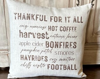 Thankful For It All Pillow Cover, Pumkin Patch, Hayrides, Autumn Leaves, French Farmhouse, Cottage, Women’s Gift, Fall, Vintage Look,