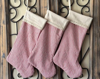 Red Ticking Christmas Stocking, Vintage Inspired, Shabby Chic, Cottage, Farmhouse, Country Charm, Rustic, Old Fashioned, Gift for Her,