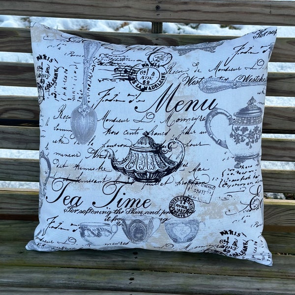 Tea Time Pillow Cover, Tea Party, French Farmhouse, Cottage Style, Vintage Inspired, Country Charm, Handmade, Tea Cup, Tea Pot, Shabby Chic