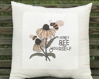 Honey Bee Pillow Cover, Bee Yourself, Bee Lovers, Country Charm, Farmhouse, French Country, Cottage, Rustic, Shabby Chic, Neutral Home Decor