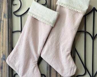 Blush Pink Christmas Stocking, Vintage Inspired, Shabby Chic, Cottage, Farmhouse, Country Charm, Rustic, Old Fashioned, Gift for Her,