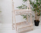 2 Tier Wooden Whitewash Folding Ladder Flower Plant Display Stand Indoor Rack