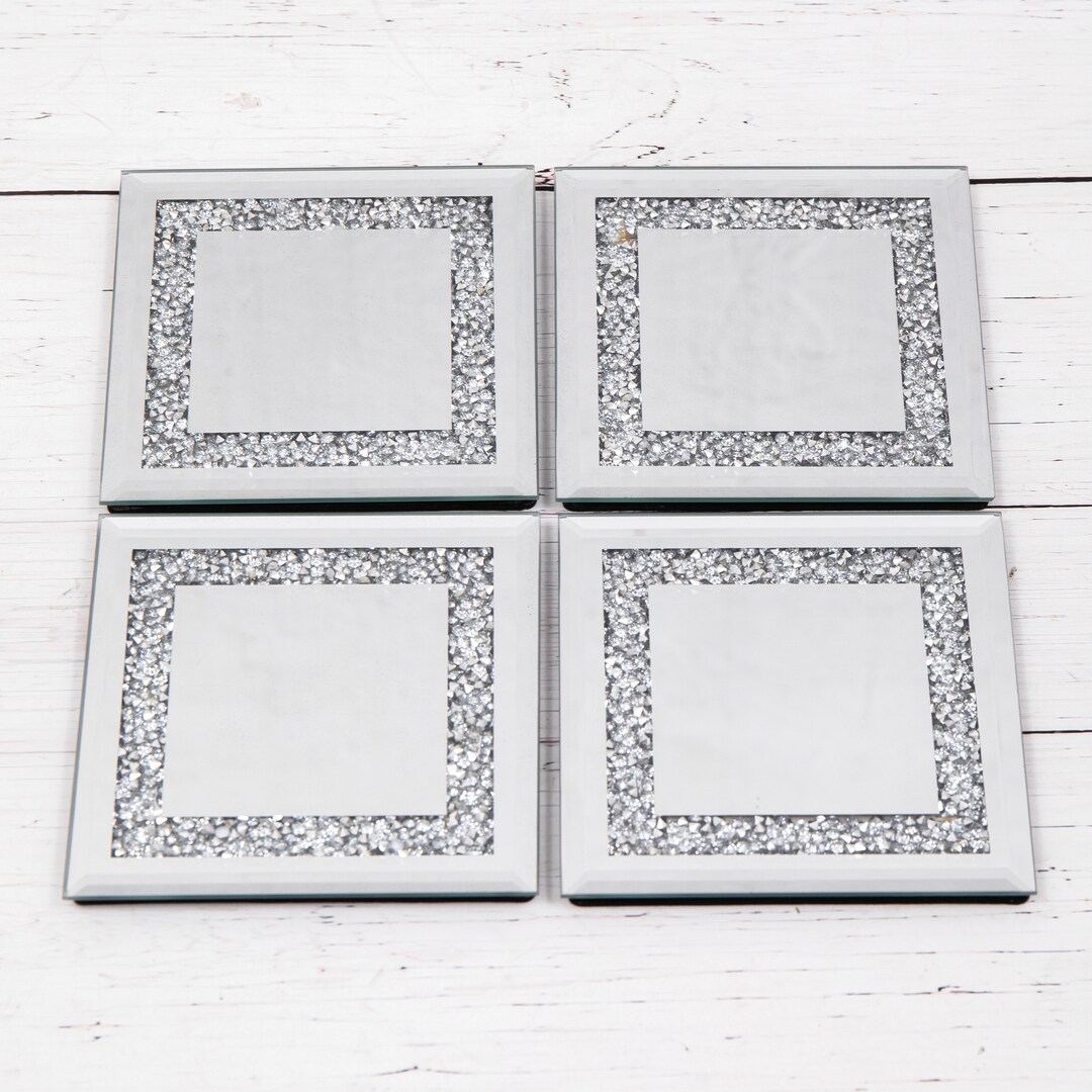 4 Crushed Crystal Silver Square Glass Mirror Coasters Drink Etsy UK