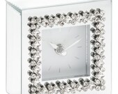 Mirrored Glass Clock Silver Diamante Diamond Jewel Bed Side Square Shelf Mantel