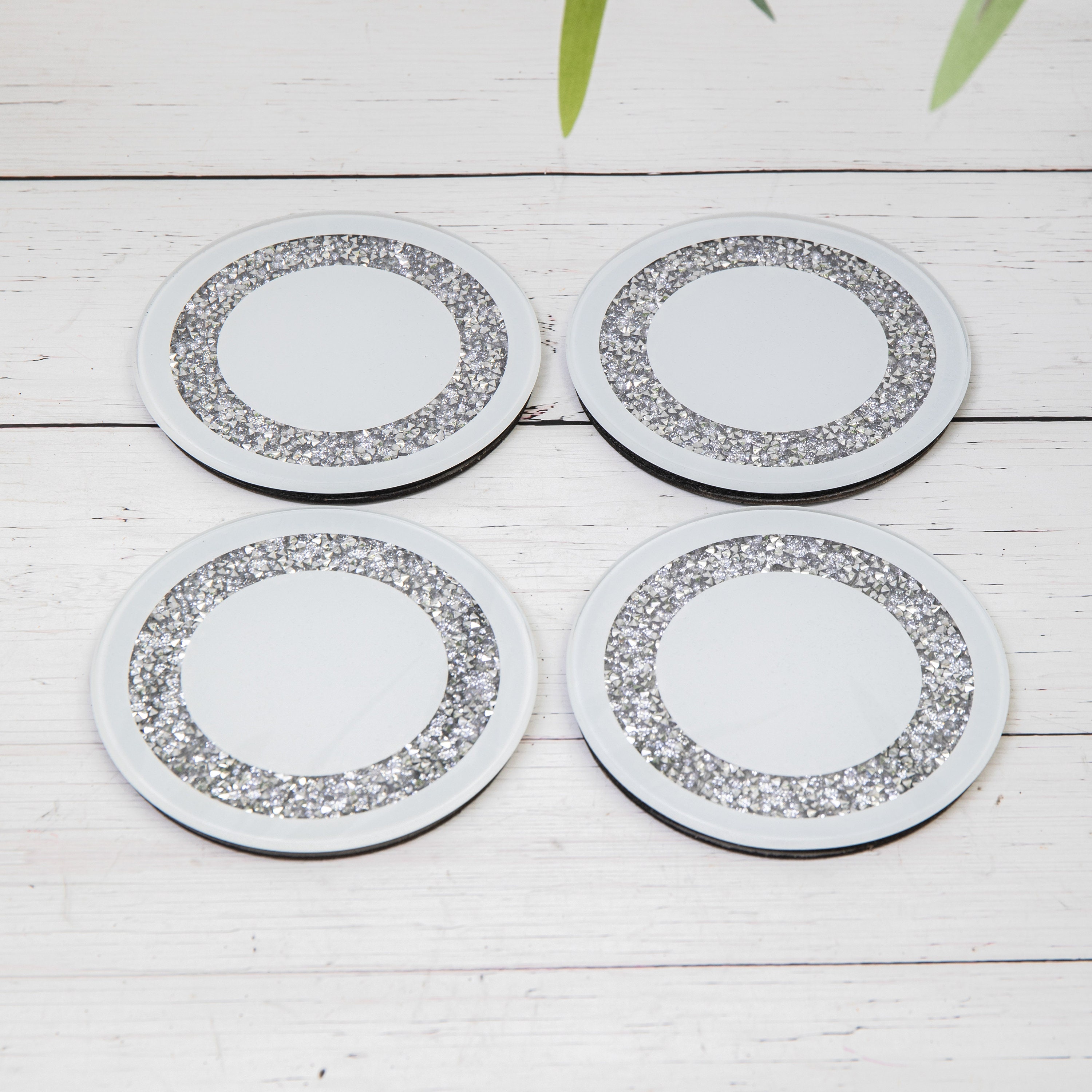 4 Crushed Crystal White Round Glass Mirror Coasters Drink Etsy