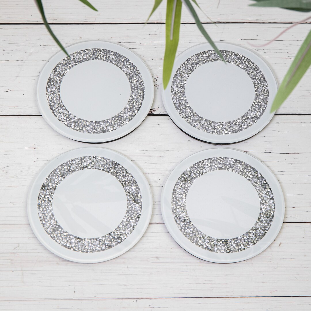4 Crushed Crystal White Round Glass Mirror Coasters Drink Etsy