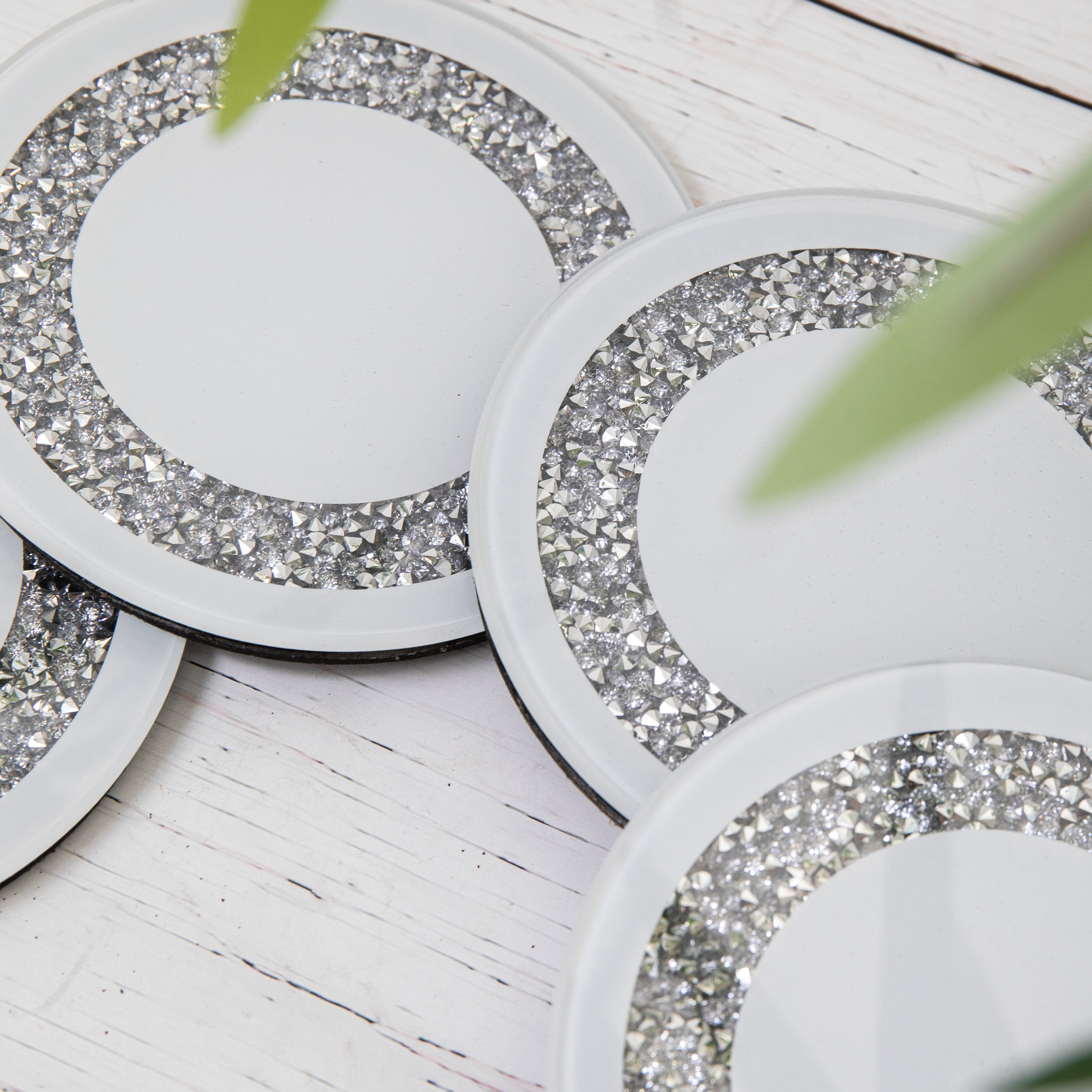 4 Crushed Crystal White Round Glass Mirror Coasters Drink Etsy