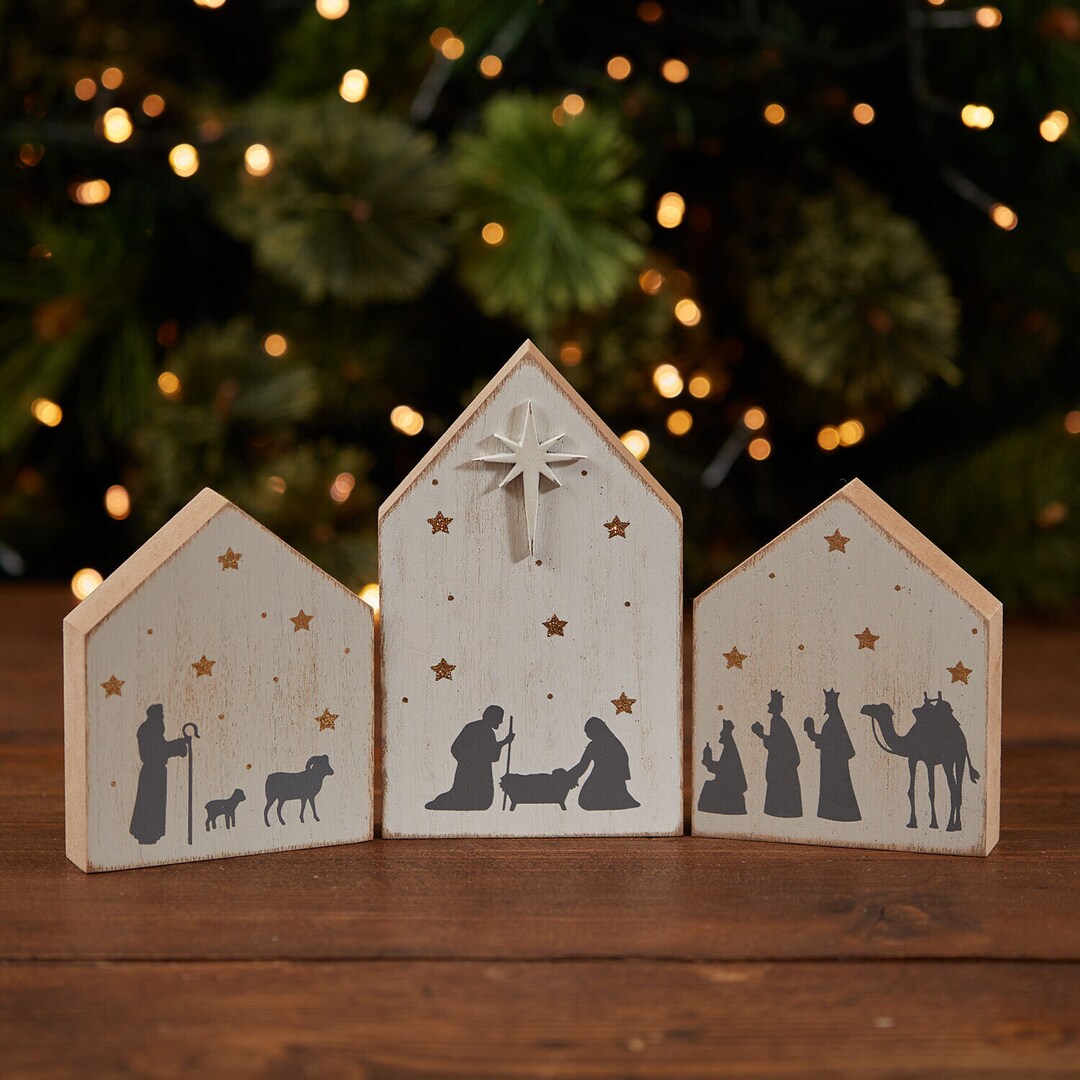 3 X Wooden White Christmas Nativity House Blocks Festive Xmas Etsy UK