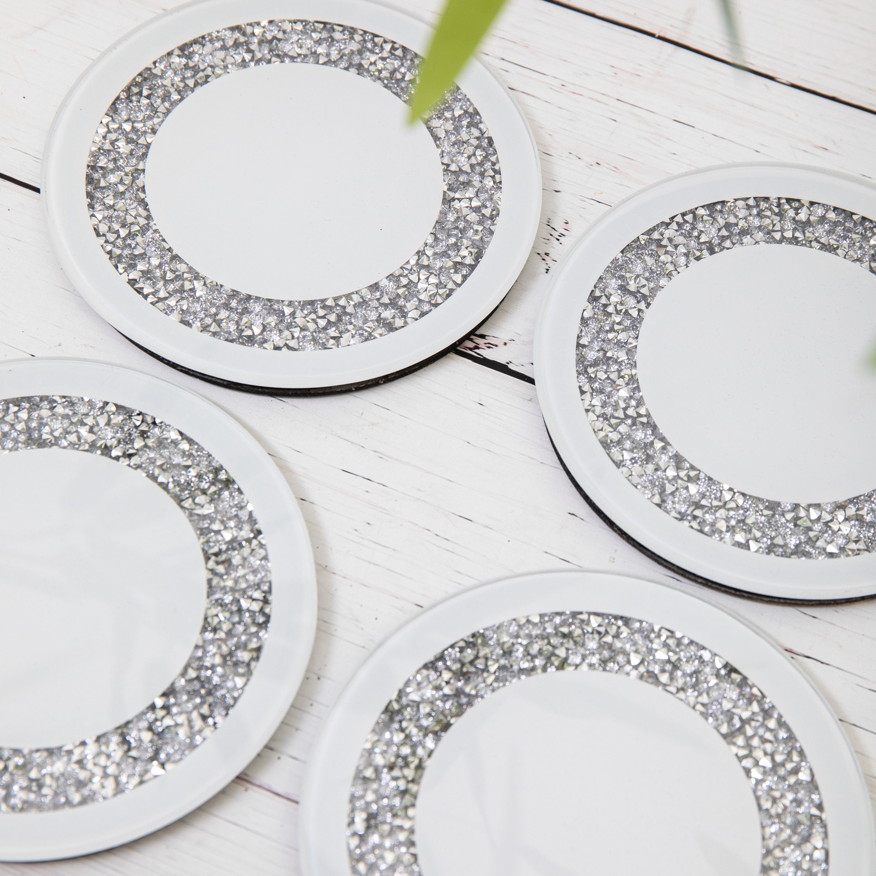 4 Crushed Crystal White Round Glass Mirror Coasters Drink Etsy
