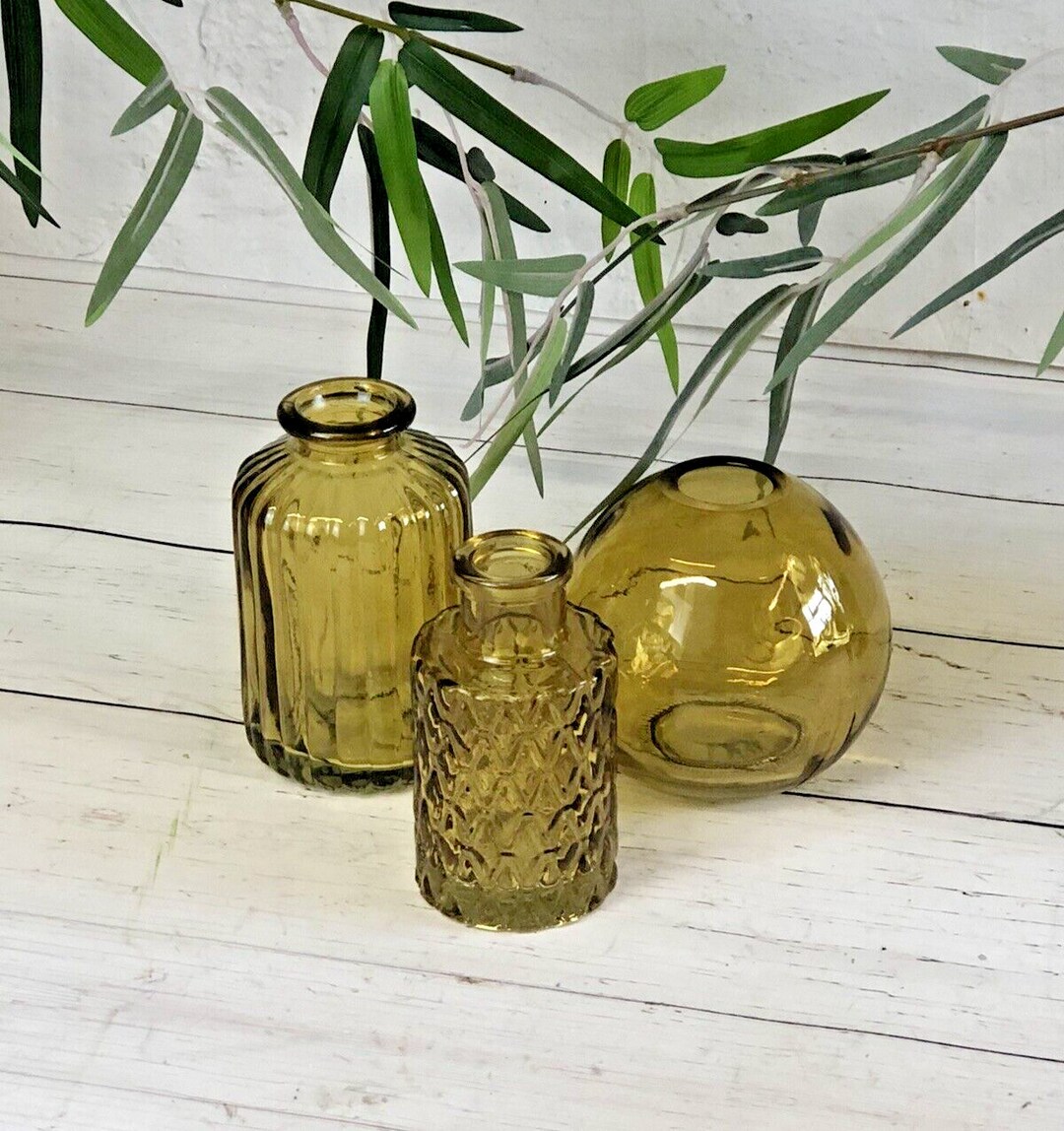 Set of 3 Vintage Yellow Glass Bottles Mini Small Bud Vases Etsy UK
