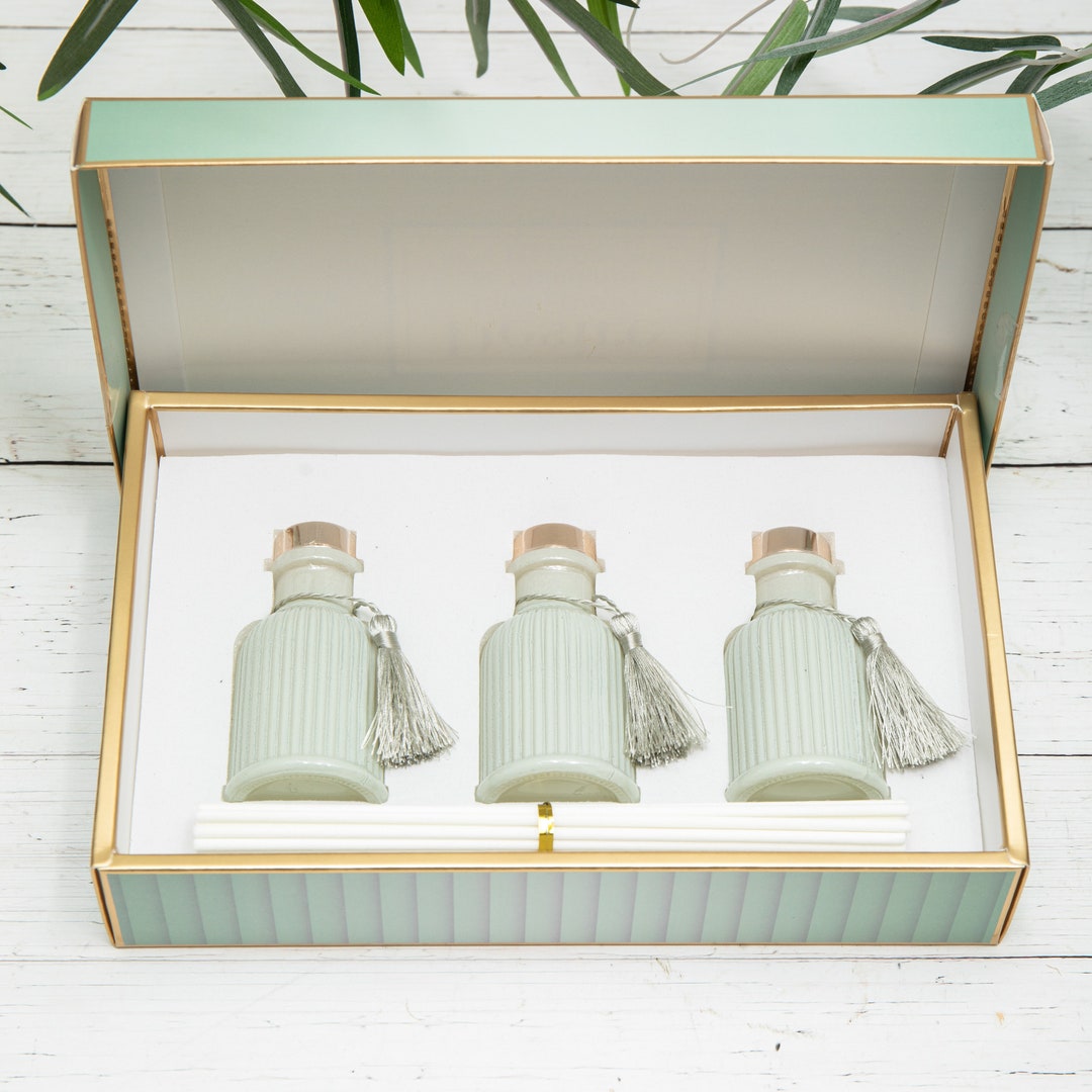 3 Sage Green Reed Diffusers Ribbed Glass Bottle Gift Box Set Etsy