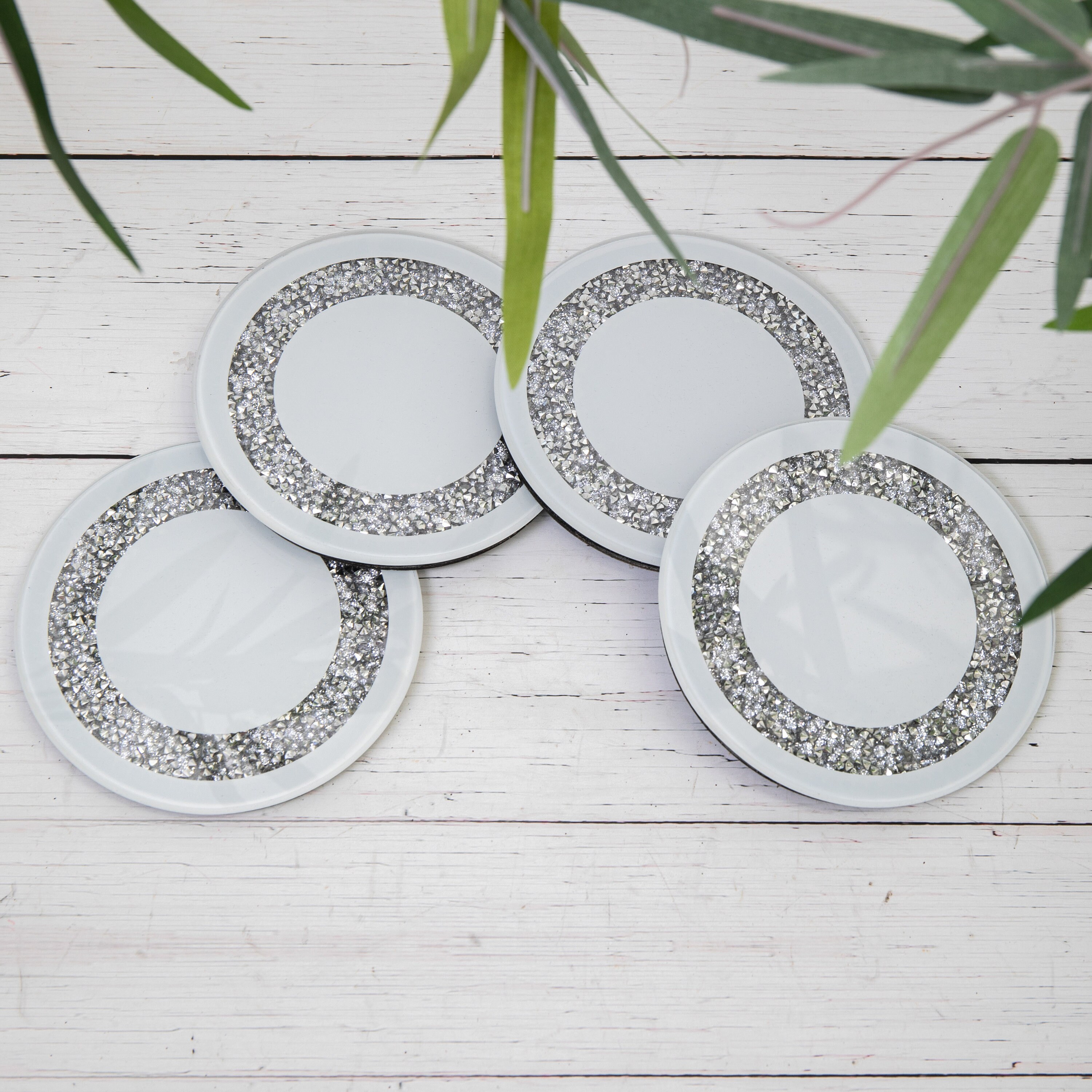 4 Crushed Crystal White Round Glass Mirror Coasters Drink Etsy