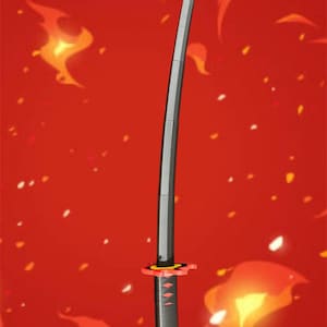 May include: A black and silver katana sword with a red and black handle. The sword has a curved blade and a decorative guard. The handle is wrapped in a diamond pattern. The background is a fiery red.