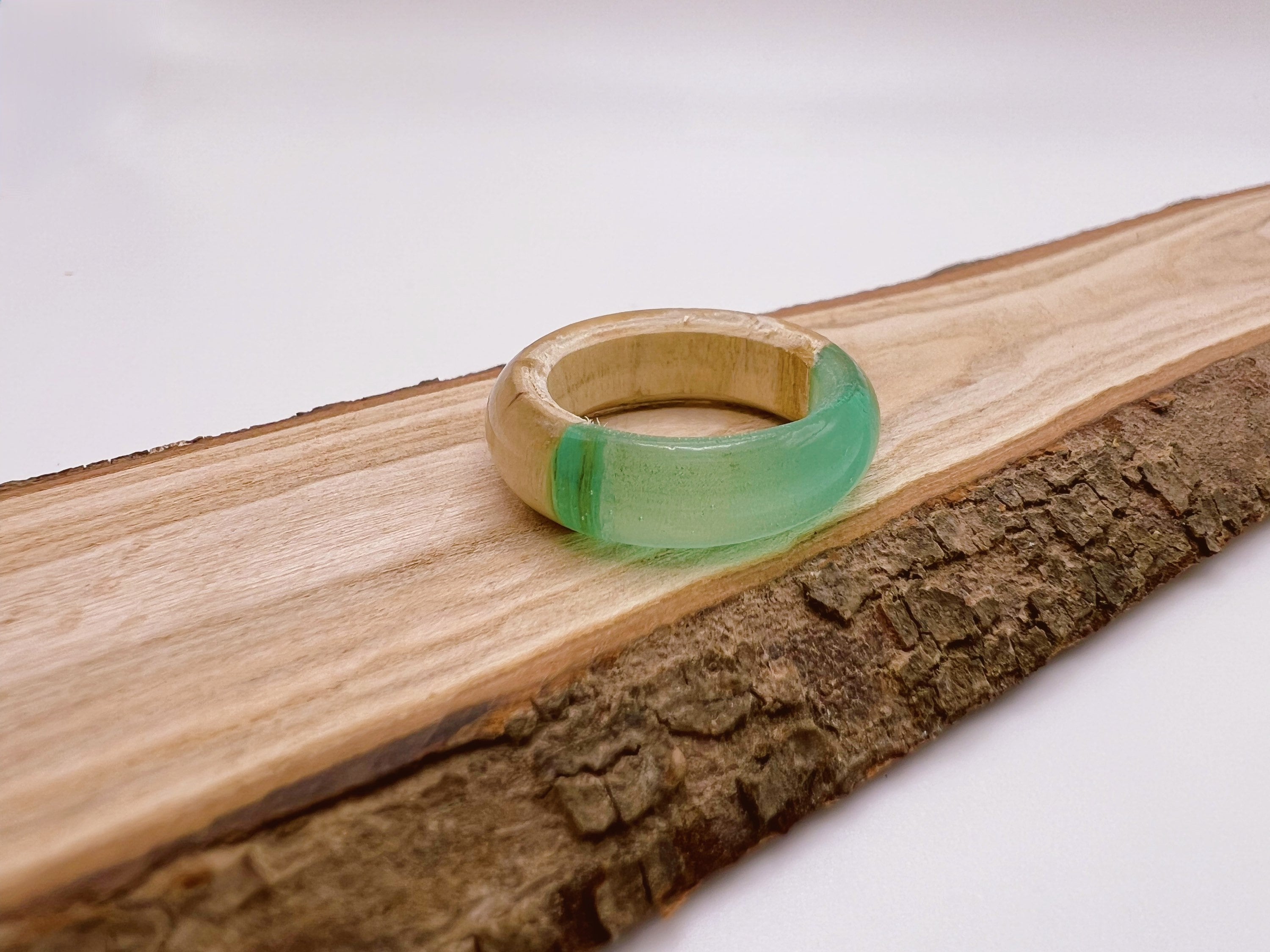 Seafoam green resin and light wood ring