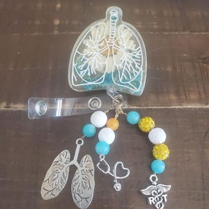 Critical Care ICU RN or RT lungs badge reel TealFloral w/RTcharm