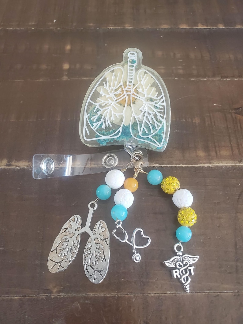 Critical Care ICU RN or RT lungs badge reel TealFloral w/RTcharm