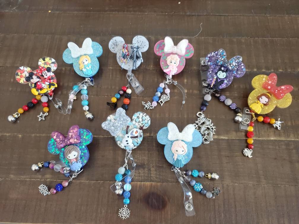 Villain/princess inspired Minnie Mouse  badge reel with bead detailing
