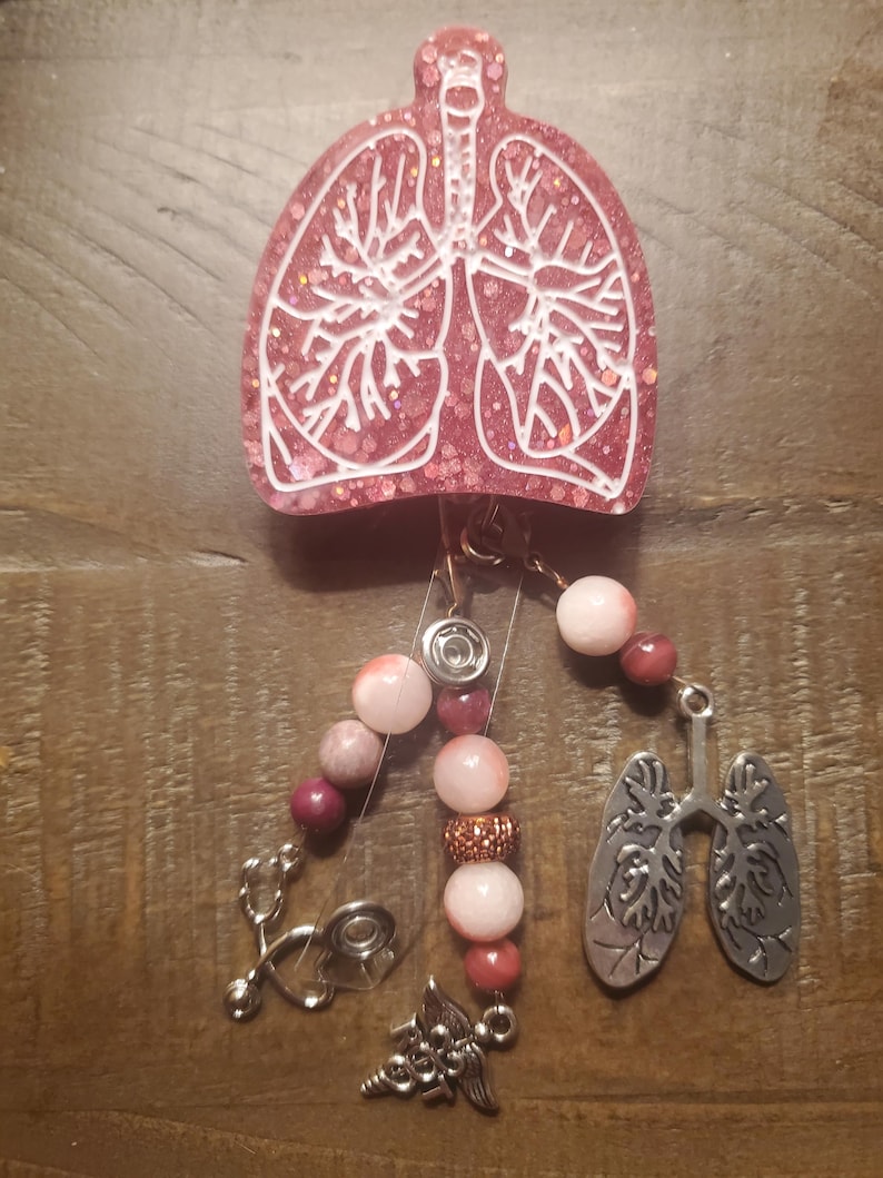 Critical Care ICU RN or RT lungs badge reel RosePink w/RT charm