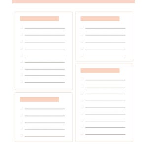 May include: A printable packing checklist template featuring the text Packing Checklist in brown font on a peach header. The layout includes four distinct sections with peach-colored title bars, horizontal lines for writing, and checkboxes.