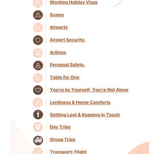May include: A travel-themed infographic featuring a list of topics including Working Holiday Visas, Scams, Airports, Airport Security, Arilines, Personal Safety, Table for One, You're by Yourself, You're Not Alone, Lonliness & Home Comforts, Getting Lost & Keeping in Touch, Day Trips, Group Trips, and Transport: Flight, accompanied by various icons.