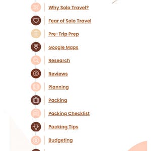 May include: A vertical infographic with a dotted line path and icons featuring the text: Hello and Welcome!, Why Solo Travel?, Fear of Solo Travel, Pre-Trip Prep, Google Maps, Research, Reviews, Planning, Packing, Packing Checklist, Packing Tips, Budgeting, Visas.