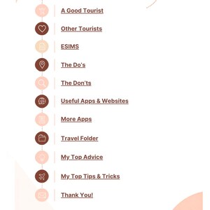 May include: A vertical list of travel-themed icons in shades of brown and peach, each paired with underlined text: Social Media, A Good Tourist, Other Tourists, ESIMS, The Do's, The Don'ts, Useful Apps & Websites, More Apps, Travel Folder, My Top Advice, My Top Tips & Tricks, and Thank You!