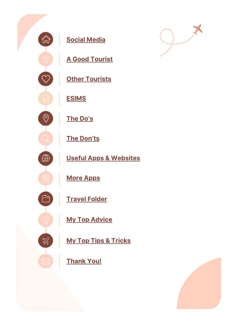 May include: A vertical list of travel-themed icons in shades of brown and peach, each paired with underlined text: Social Media, A Good Tourist, Other Tourists, ESIMS, The Do's, The Don'ts, Useful Apps & Websites, More Apps, Travel Folder, My Top Advice, My Top Tips & Tricks, and Thank You!