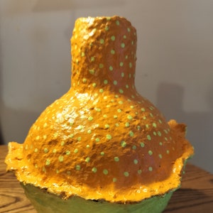 First anniversary, paper mache, handmade vase, orange, yellow vase, acrylic paint dots