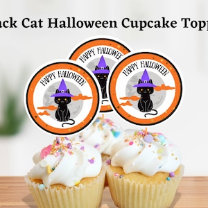Black Cat Halloween Cupcake Topper, Downloadable, Halloween Party Decoration