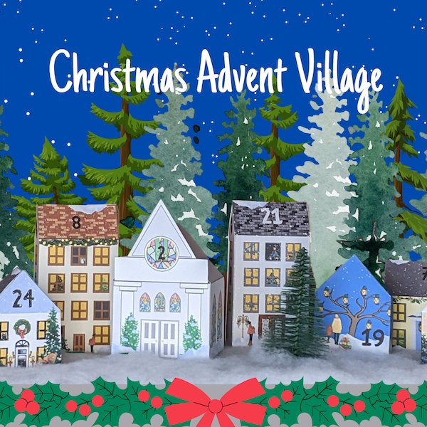 Downloadable Christmas Advent Village boxes, Paper Village, DIY Christmas Countdown, Print cut and fill