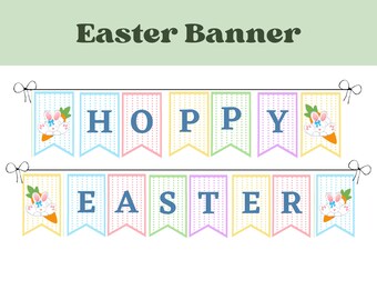 May include: A colorful banner with the words "Happy Easter" in blue letters on a white background. Each letter is on a separate pennant with a different pastel color. The pennants have a white polka dot pattern. Each end of the banner has a white bunny holding a carrot.
