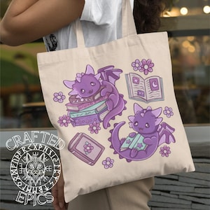 Purple Book Dragons Graphic Canvas Tote Bag | Reusable Bag | Everyday Shoulder Bag | 15”x16”
