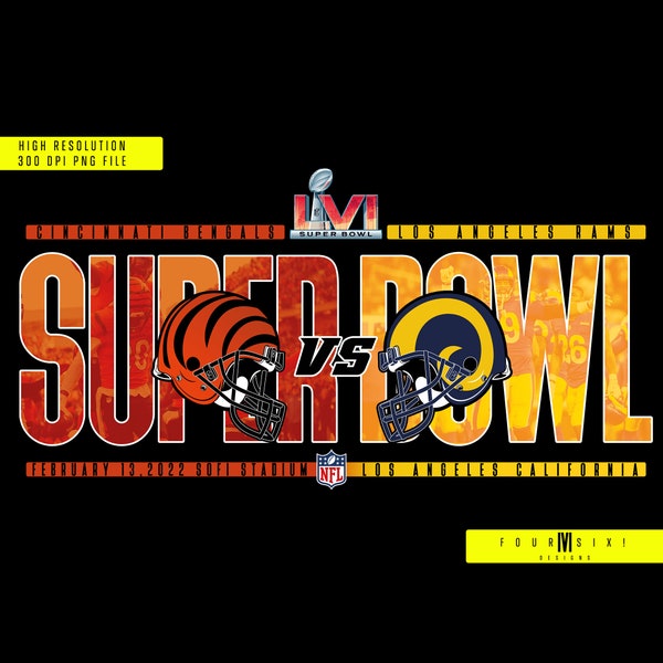 Super Bowl 2022 Bengals vs. Rams T-Shirt Design PNG Fond clair pour DTF, DTG, Sublimation ou Transfert de toner blanc Téléchargement instantané nfl