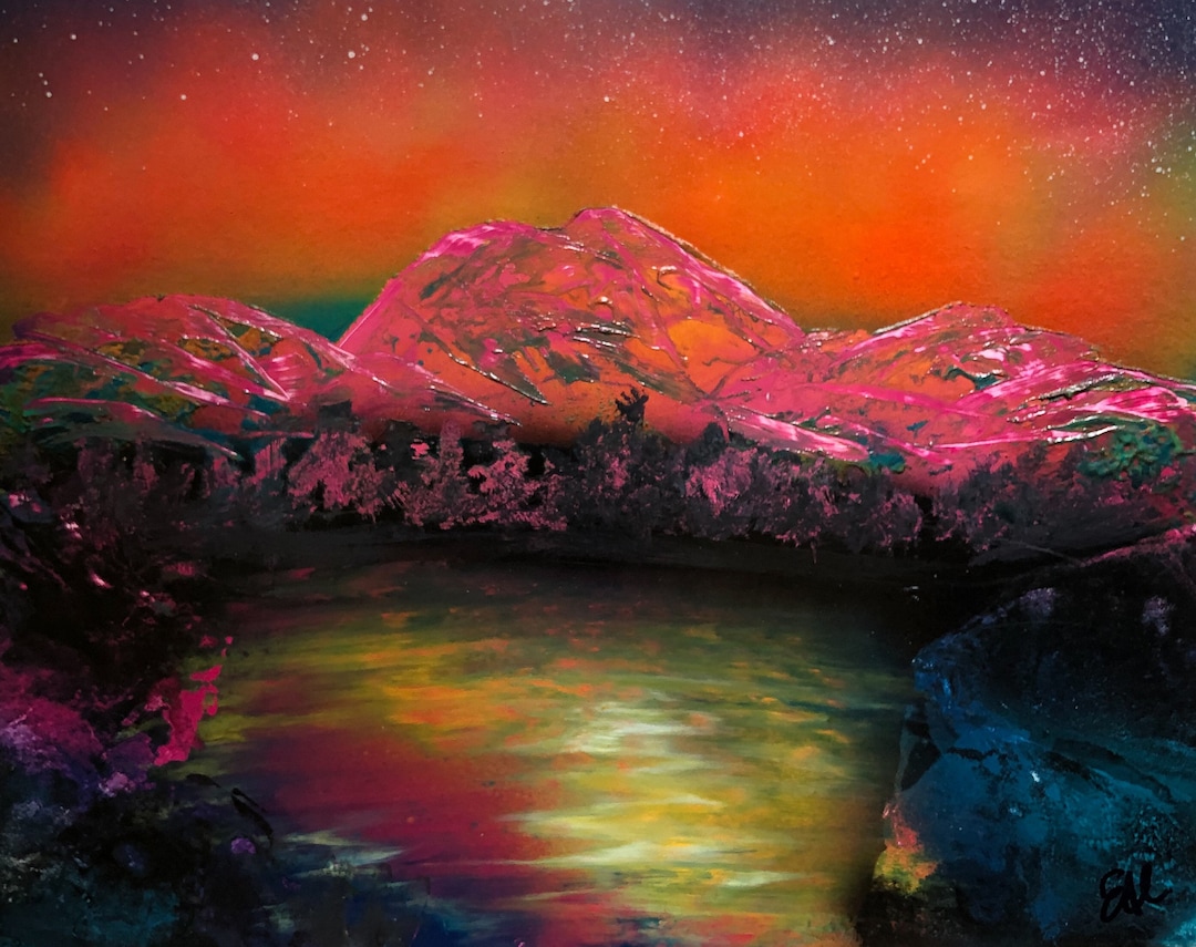Spray Paint Art Mountain Sunset Landscape Fantasy Painting Etsy
