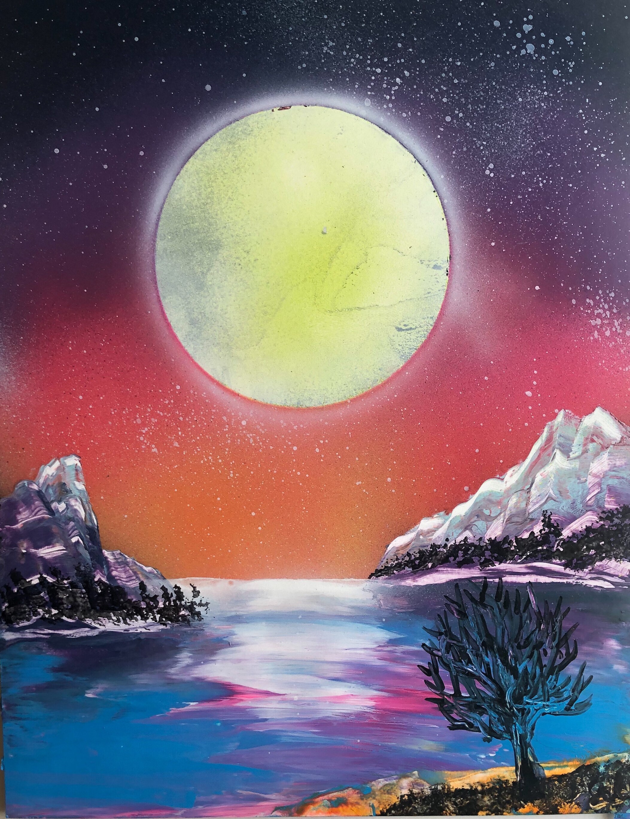 Spray Paint Art Moon Arctic Ocean Landscape Poster Painting 14x11