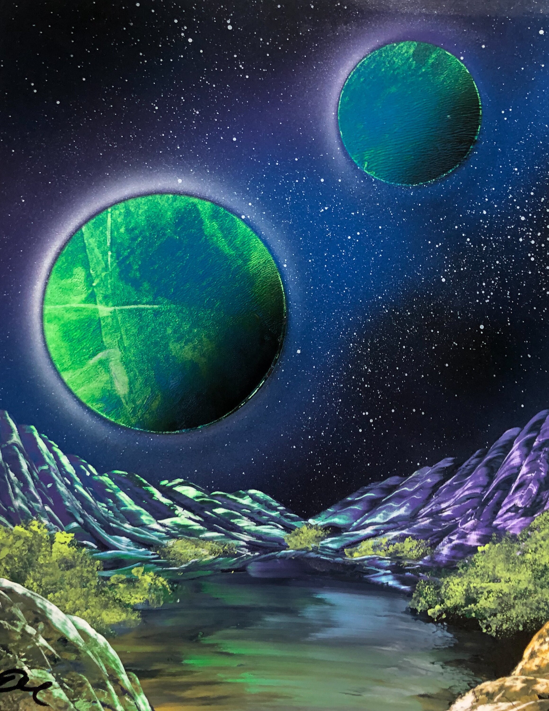 Spray Paint Art Planets Over Water Landscape Poster Painting - Etsy