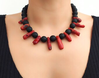Coral & Lava Stone Necklace | Hand-made | Gold-plated | 925 Sterling Silver