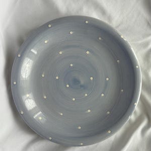 Lavender Polka Dot Ceramic Dinner Plate | Hand-Painted Blue Grey Retro Kitchenware | Eclectic Dining Decor | Whimisical Dessert/Salad Plate