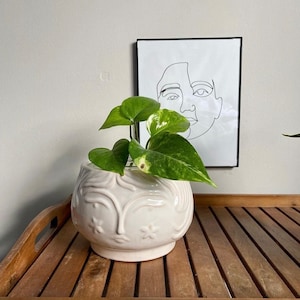 May include: A white ceramic plant pot with a floral and face design contains a green and yellow plant. A framed black and white line drawing of a face hangs on the wall behind the plant. The pot sits on a wooden tray.