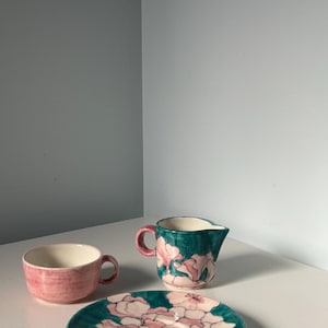 Pink and Teal Hand-Painted Floral Coffee/Tea Cup - Italian Ceramic Cup - Aesthetic Artisian Espresso Cup with Saucer - Unique Gift