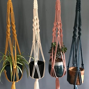 May include: Four macrame plant hangers with different coloured cords and tassels. The hangers are hanging from a metal rod. The hangers are holding different types of plants in pots.
