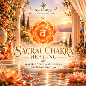 May include: A graphic featuring the orange Sacral Chakra symbol centered above the text "SACRAL CHAKRA HEALING" and "Reawaken Your Creative Energy, Emotional Flow & Joy". The background shows a sunset over water with lotus flowers and crystals.