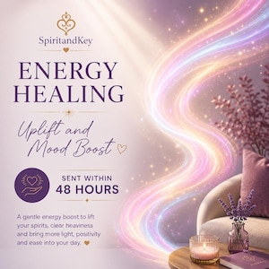 Può includere: Una grafica promozionale per SpiritandKey Energy Healing con il testo Energy Healing, Uplift and Mood Boost e Sent Within 48 Hours. L'immagine include una scia luminosa, una candela accesa, un piccolo vaso di lavanda e un diario.