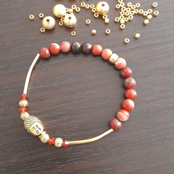 Armband mit Edelsteinperlen Jaspis rot / Swarovski Kristall-Schliffperlen rot und Buddha Perle Gold