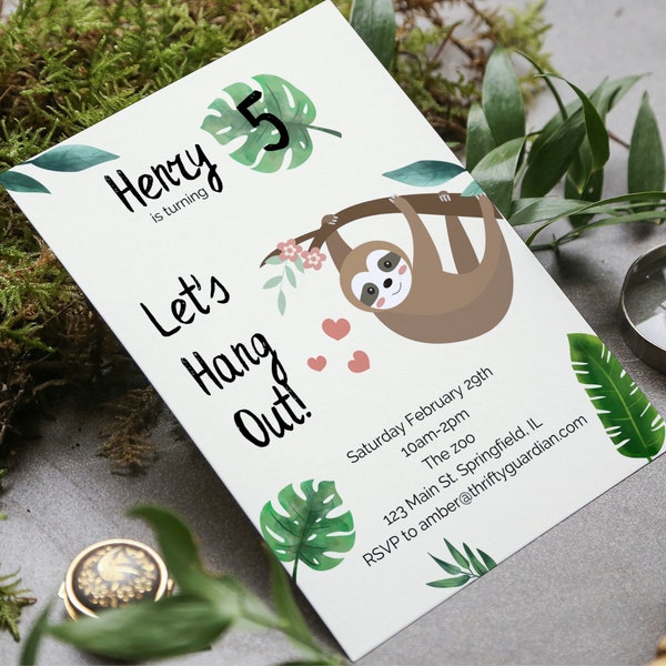 Sloth Birthday Party Invitation Template - Sloth Party - Sloth Invites - Sloth Invitations - Printable Birthday Party Customizable Invite