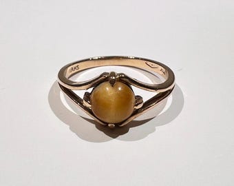 Vintage Birks 10K Gold Tiger’s Eye Ring – Mid Century Modern Statement Jewelry – Size 6