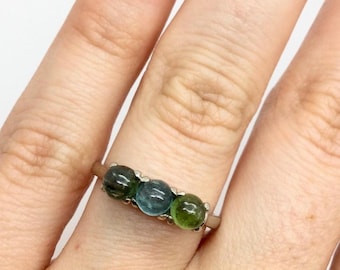 Vintage Three Stone Tourmaline Ring | 10K White Gold Cabochon Gemstones | Trilogy Estate Jewelry
