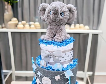 Elephant Diaper Cake, Elephant Baby Shower for a Boy, Baby Boy Diaper Cake, Baby Shower Gift, Welcome Little One, Newborn Gift, Diaper Cakes