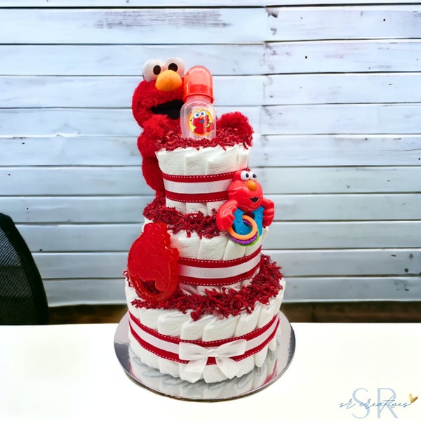 Diaper Cake for Baby Girl or BabyBoy, Elmo or Cookie Monster Baby Shower Gift, Gender Neutral Baby Diaper Cake, Sesame Street New Baby Gift