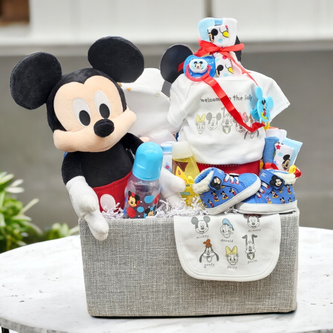 Mickey Mouse Baby Shower Gift, Disney Baby Gift Basket, New Baby Gift Set, Baby Basket